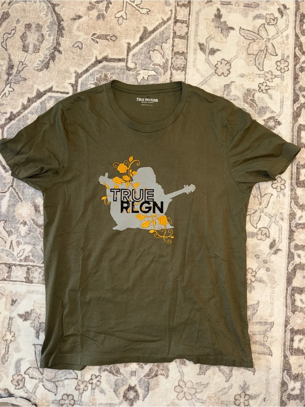 True Religion Olive Short-Sleeve Tee with Yellow & White Graphic